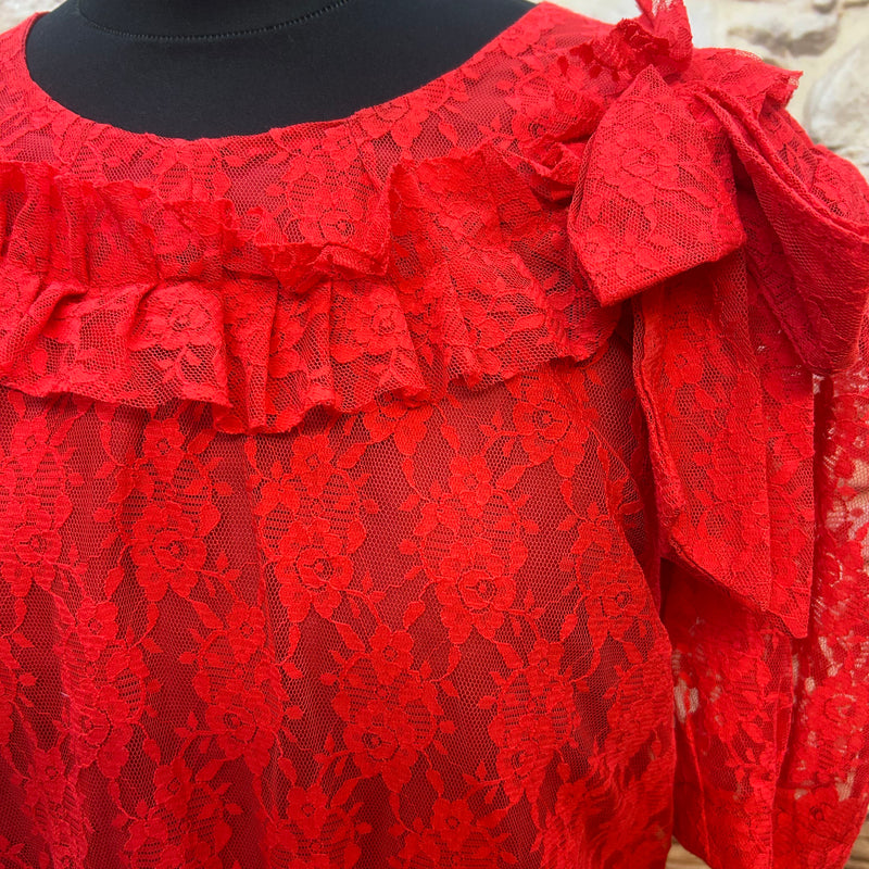 Vintage Spitzen-Maxikleid in Rot – Gr. 44