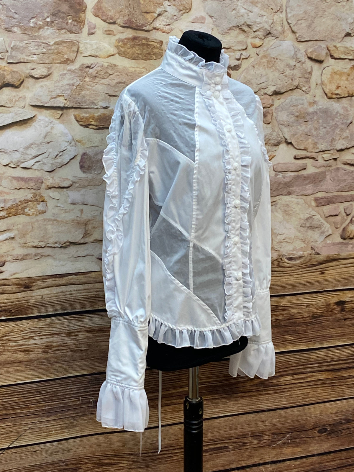 Blouse victorienne à volants, col montant, laçage dos, blanc, taille XL