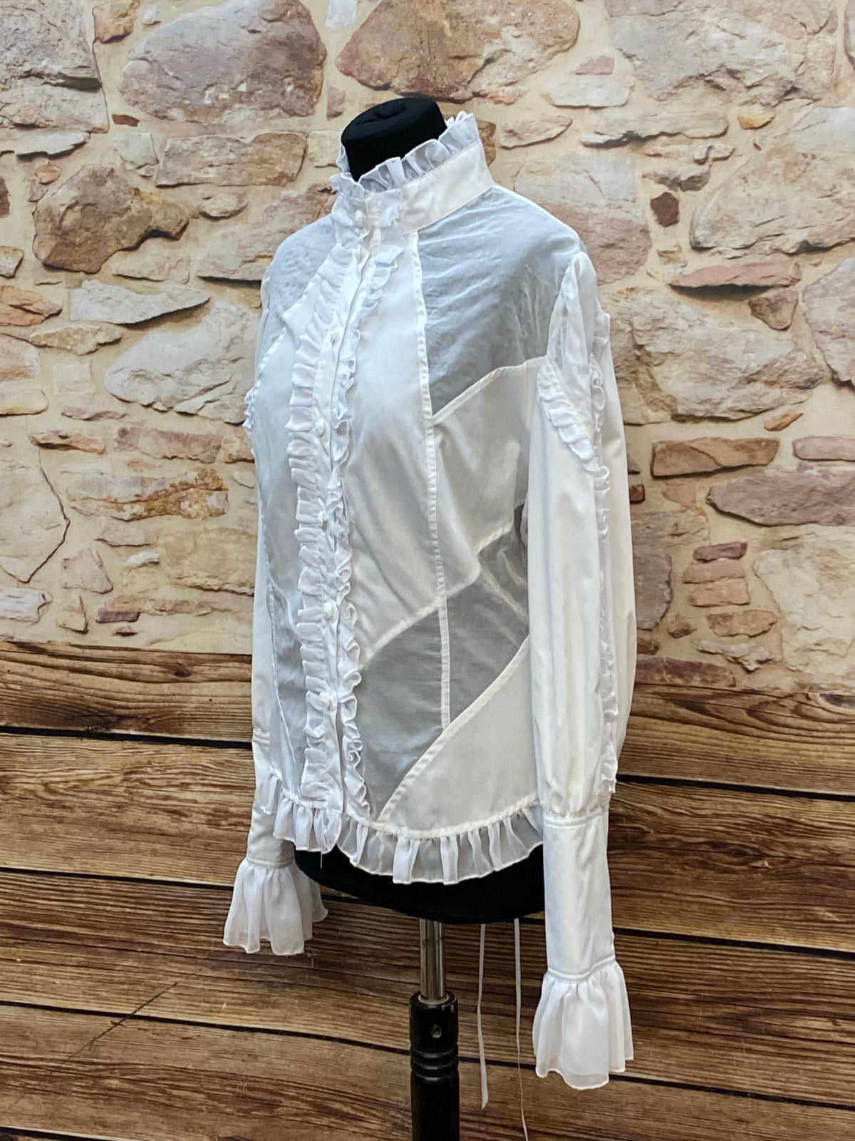 Blouse victorienne à volants, col montant, laçage dos, blanc, taille XL