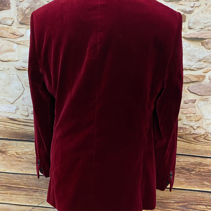 Bordeaux-Samtsakko mit schwarzem Schalkragen – Gr. 50