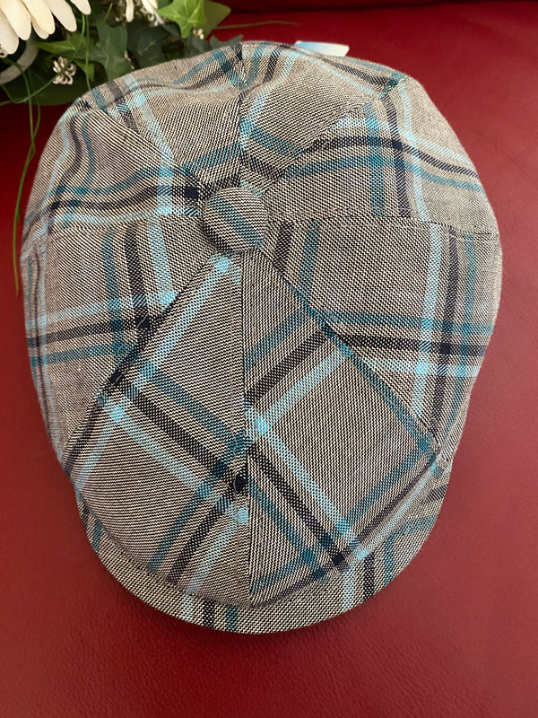 Schiebermütze grau-blau kariert, Größe 58, 8-Panel mit kurzem Schirm, COOLMAX®, ungetragen mit Etikett