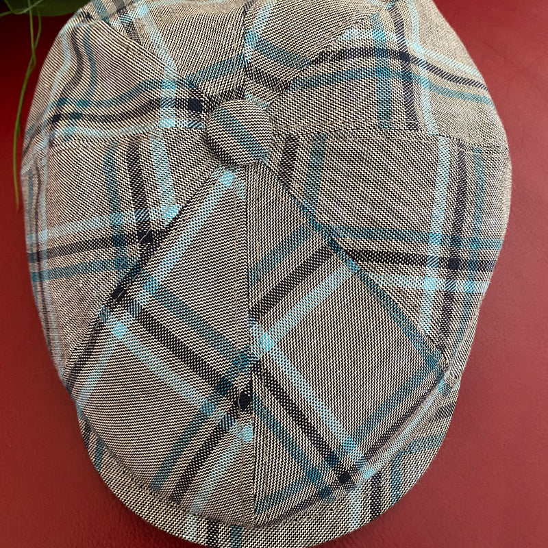 Schiebermütze grau-blau kariert, Größe 58, 8-Panel mit kurzem Schirm, COOLMAX®, ungetragen mit Etikett