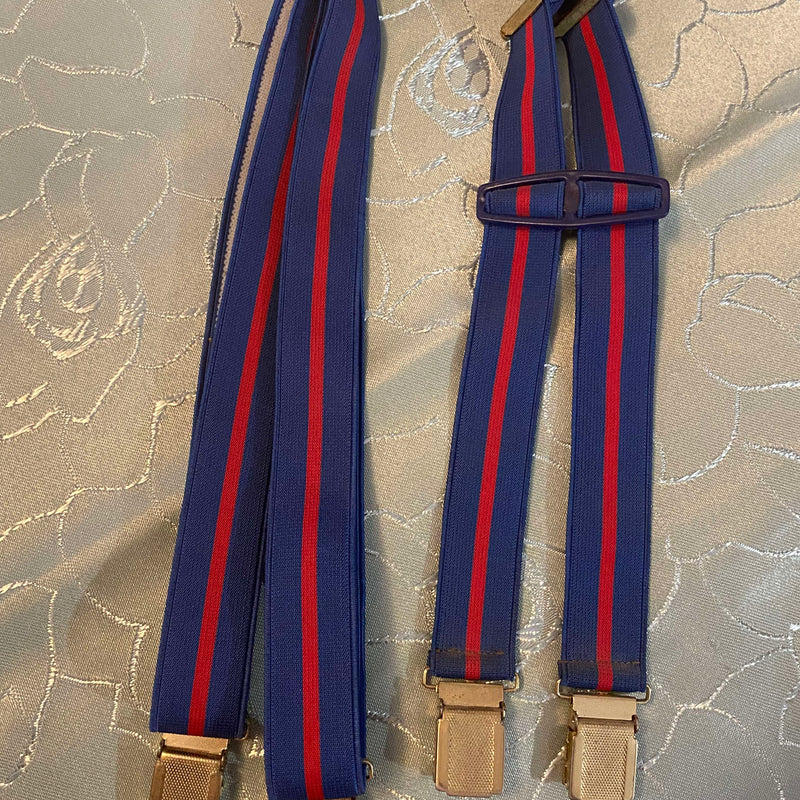 Schmale Vintage-Hosenträger in Blau mit rotem Streifen