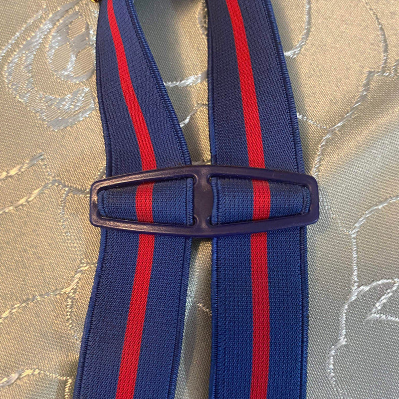 Schmale Vintage-Hosenträger in Blau mit rotem Streifen
