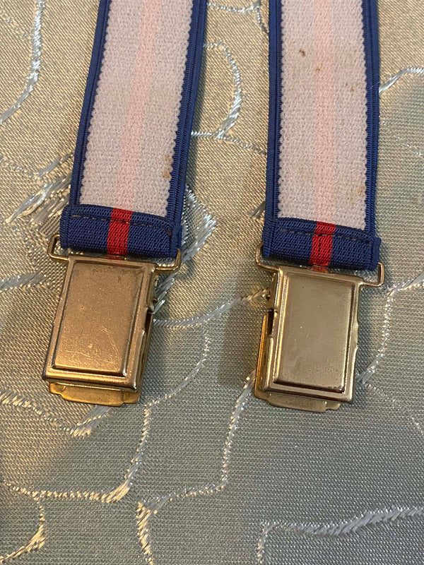 Schmale Vintage-Hosenträger in Blau mit rotem Streifen