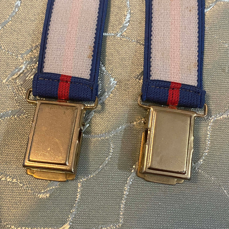 Schmale Vintage-Hosenträger in Blau mit rotem Streifen