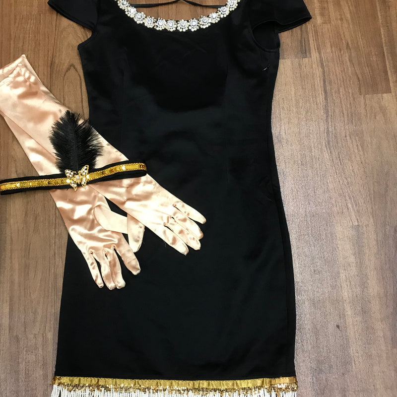 Hochwertiges Flapperkleid 20er Jahre Mode, Charlestonkleid Gr.34 schwarz/gold