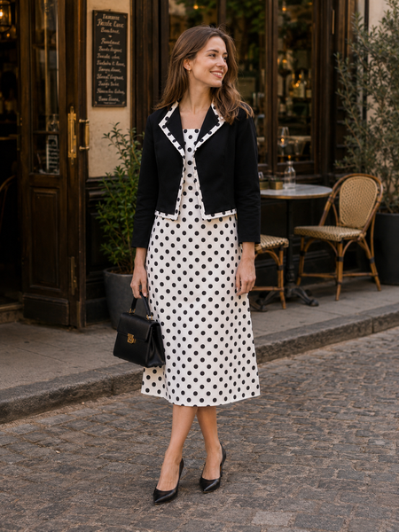 Model trägt schwarz-weißes Punkte-Kleid mit kurzer schwarzer Jacke und Handtasche vor einem Café