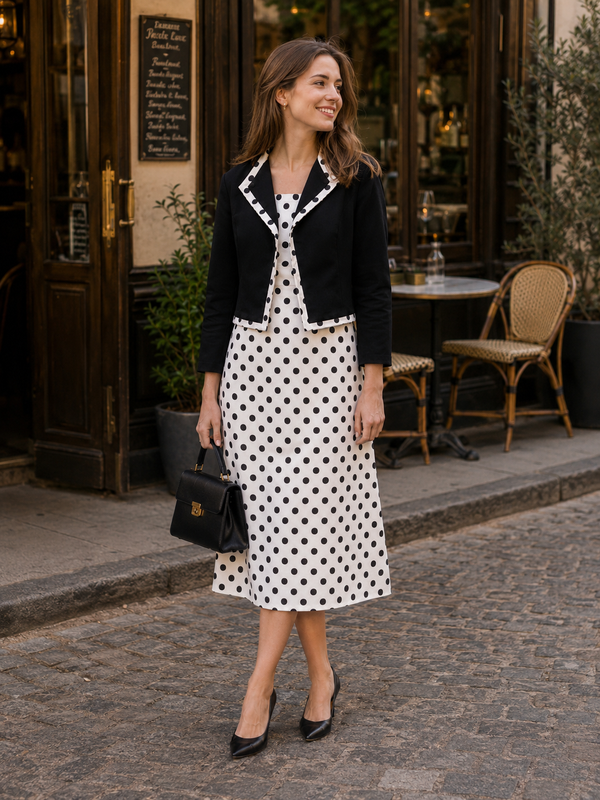 Model trägt schwarz-weißes Punkte-Kleid mit kurzer schwarzer Jacke und Handtasche vor einem Café