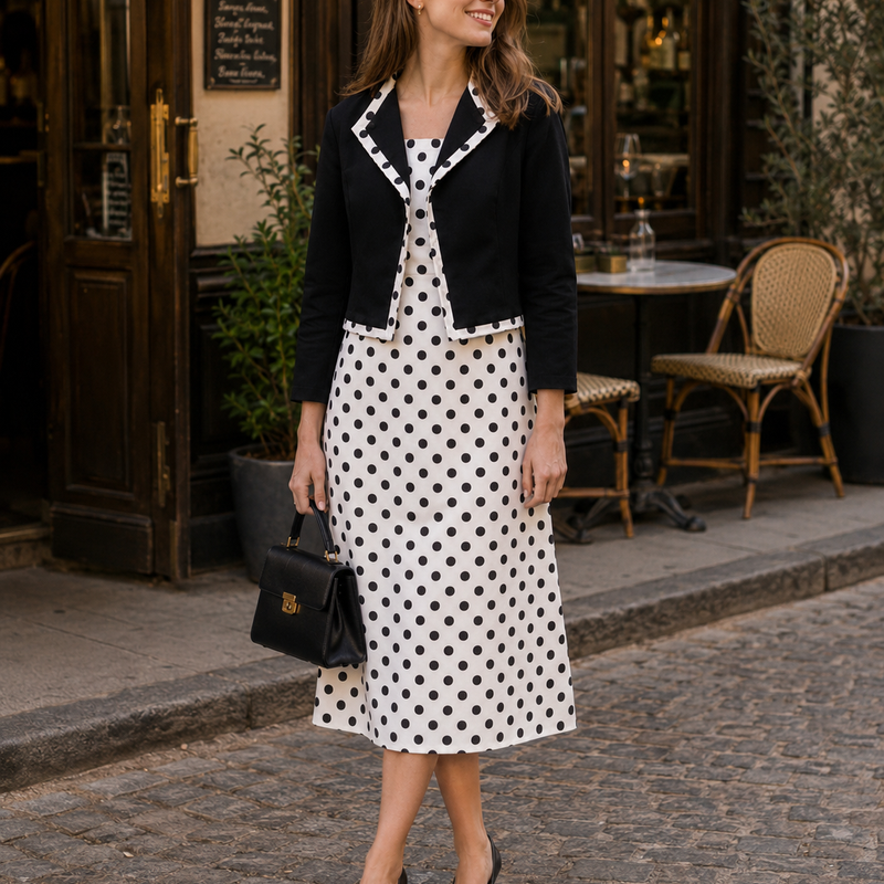 Model trägt schwarz-weißes Punkte-Kleid mit kurzer schwarzer Jacke und Handtasche vor einem Café