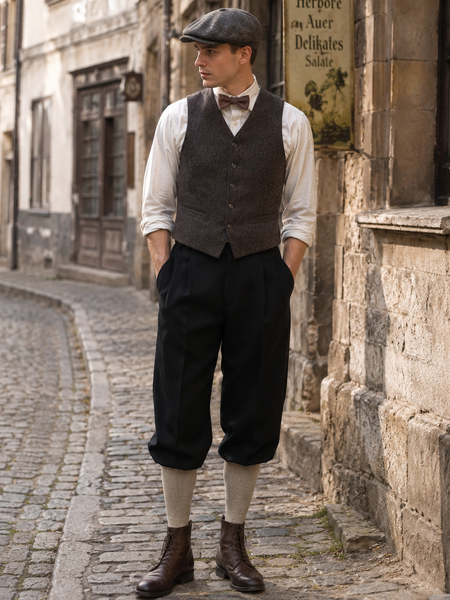KI-generiertes Bild eines Herren-Outfits im 20er-Jahre-Stil mit schwarzer Knickerbocker-Hose, weißem Hemd mit hochgekrempelten Ärmeln, Weste, Fliege, Schiebermütze, hellen Kniestrümpfen und halbhohen braunen Boots