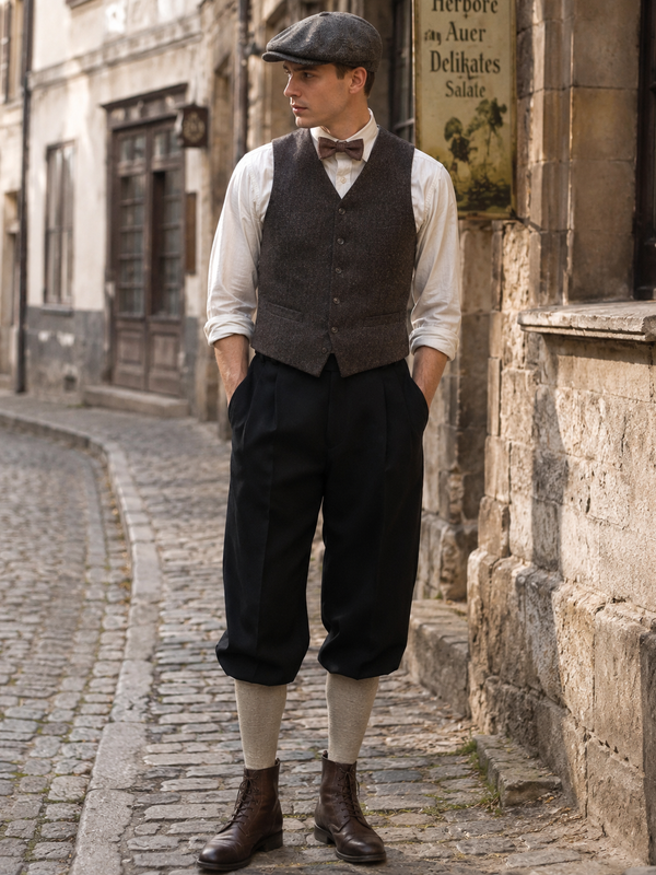 KI-generiertes Bild eines Herren-Outfits im 20er-Jahre-Stil mit schwarzer Knickerbocker-Hose, weißem Hemd mit hochgekrempelten Ärmeln, Weste, Fliege, Schiebermütze, hellen Kniestrümpfen und halbhohen braunen Boots
