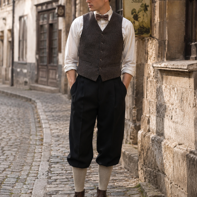 KI-generiertes Bild eines Herren-Outfits im 20er-Jahre-Stil mit schwarzer Knickerbocker-Hose, weißem Hemd mit hochgekrempelten Ärmeln, Weste, Fliege, Schiebermütze, hellen Kniestrümpfen und halbhohen braunen Boots
