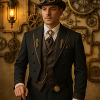 Schwarzer Bräutigam Cutaway im  viktorianischen Steampunk-Stil mit Stresemann-Hose, brauner Weste und Krawatte