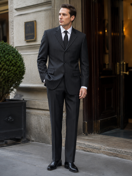 Schwarzer Herren Nadelstreifenanzug von Mangoon in Größe 46 mit feinen hellen Streifen, Sakko und Hose als elegantes Vintage Outfit