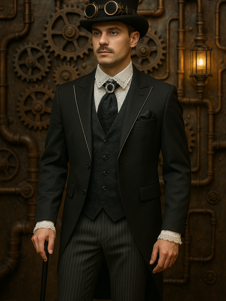 Schwarzer viktorianischer Hochzeits-Frack Steampunk mit Stresemann-Hose, schwarzer Brokat-Weste und Krawatte mit weißem Rüschenhemd Größe 46
