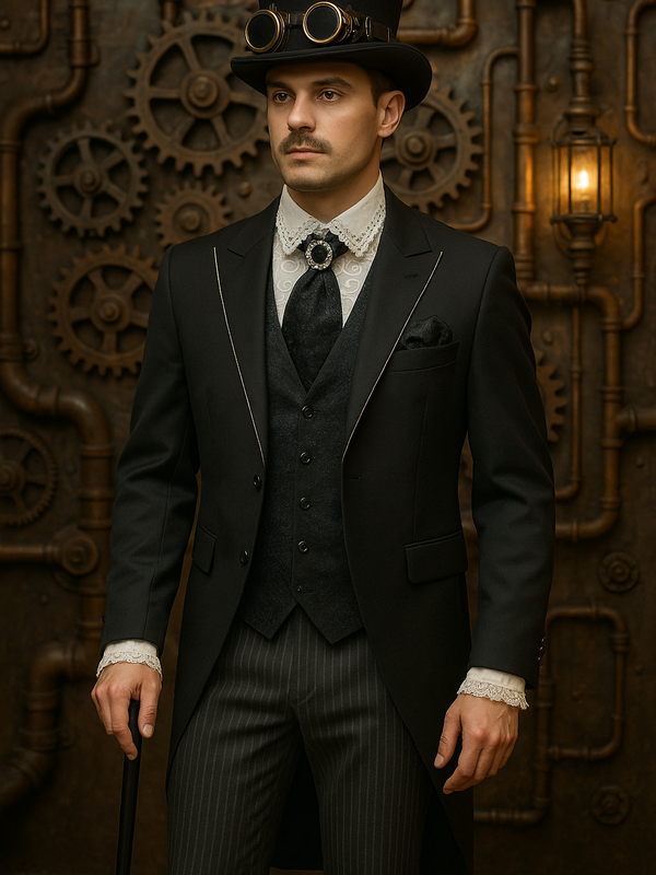 Schwarzer viktorianischer Hochzeits-Frack Steampunk mit Stresemann-Hose, schwarzer Brokat-Weste und Krawatte mit weißem Rüschenhemd Größe 46