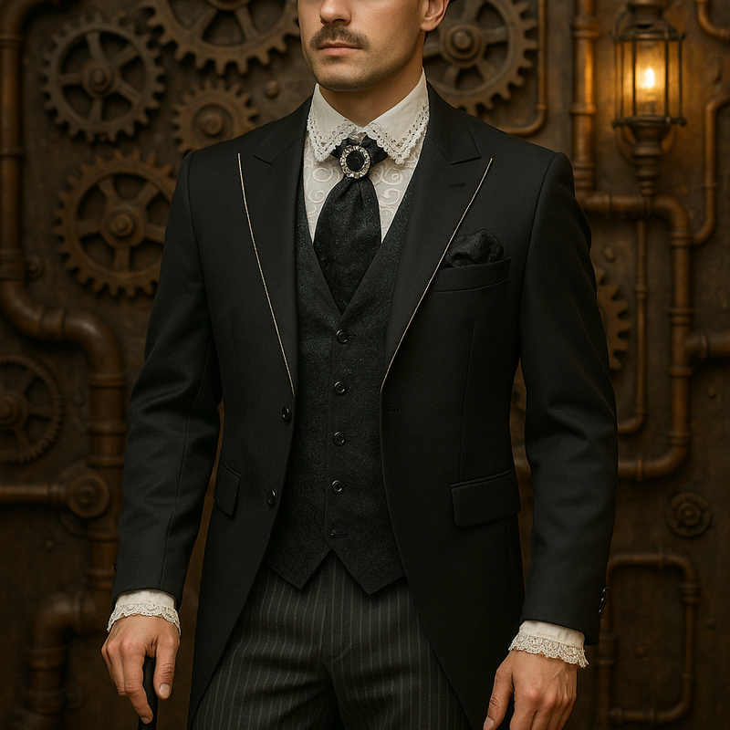 Schwarzer viktorianischer Hochzeits-Frack Steampunk mit Stresemann-Hose, schwarzer Brokat-Weste und Krawatte mit weißem Rüschenhemd Größe 46