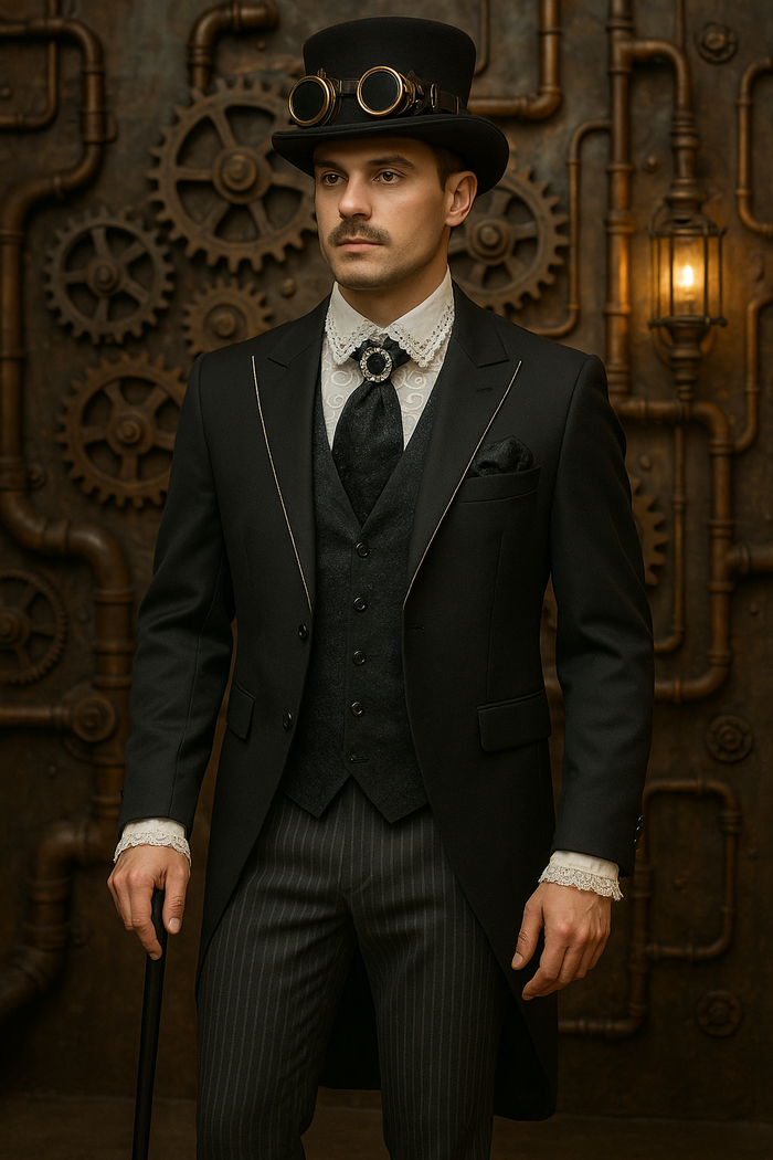 Schwarzer viktorianischer Hochzeits-Frack Steampunk mit Stresemann-Hose, schwarzer Brokat-Weste und Krawatte mit weißem Rüschenhemd Größe 46