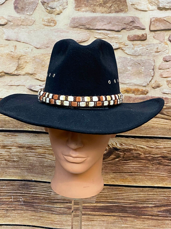 Schwarzer Vintage Cowboyhut von Stars & Stripes mit gewebtem Hutband und breiter Krempe