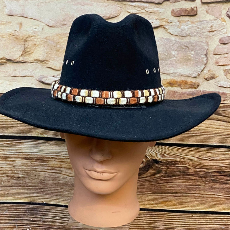 Schwarzer Vintage Cowboyhut von Stars & Stripes mit gewebtem Hutband und breiter Krempe