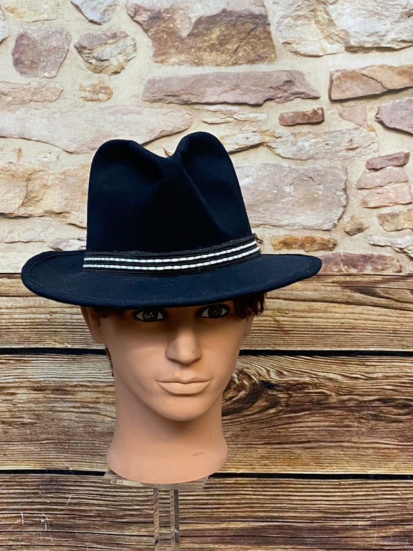 Schwarzer Vintage Fedora von Pigalle mit schwarz-weißem Hutband und geformter Krone