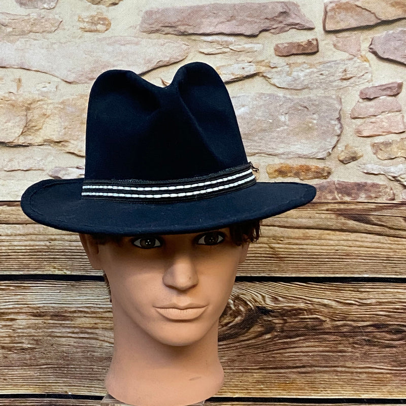 Schwarzer Vintage Fedora von Pigalle mit schwarz-weißem Hutband und geformter Krone