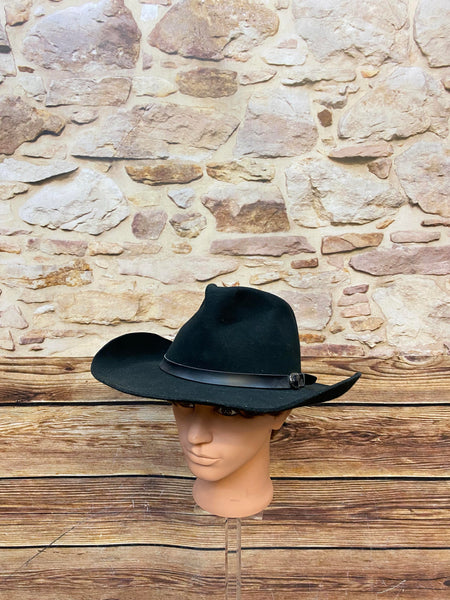 Schwarzer Vintage Woll-Cowboyhut Gr. 61 mit breiter geschwungener Krempe und Hutband