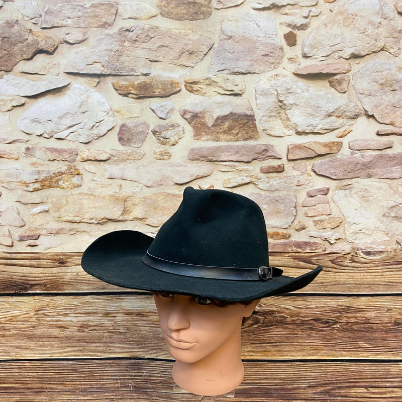 Schwarzer Vintage Woll-Cowboyhut Gr. 61 mit breiter geschwungener Krempe und Hutband