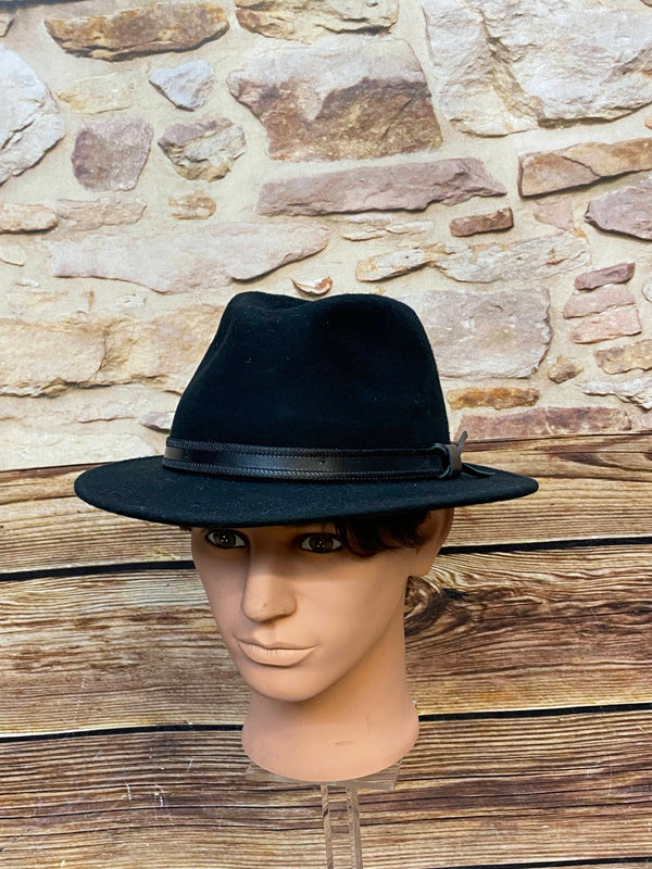 Schwarzer Woll-Fedora Gr. 57 mit Hutband und kleiner seitlicher Verzierung