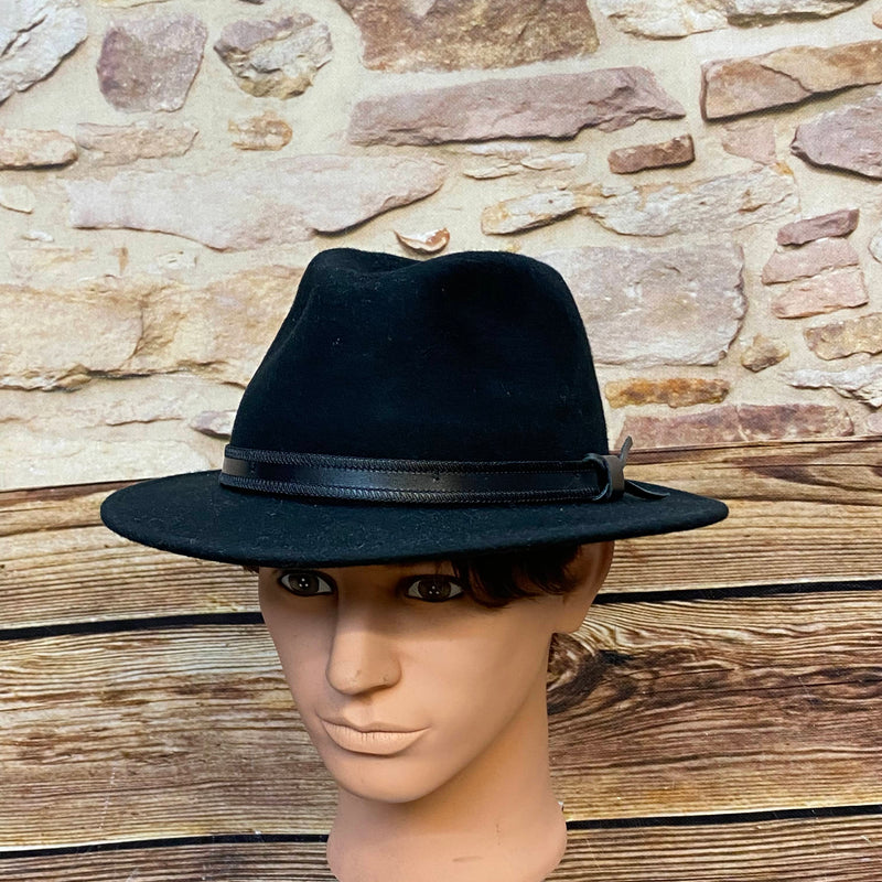 Schwarzer Woll-Fedora Gr. 57 mit Hutband und kleiner seitlicher Verzierung