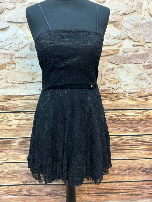 Schwarzes Vintage Trägerkleid mit Spitze & Strassdetails – ca. 34, guter Zustand, Vintage