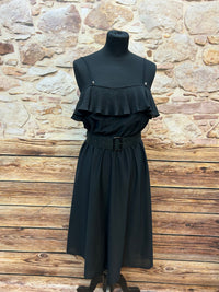 Schwarzes Vintage Kleid St. Michael – Plissee-Volant & Taillengürtel – Gr. 40 (stretchig) – Made in UK