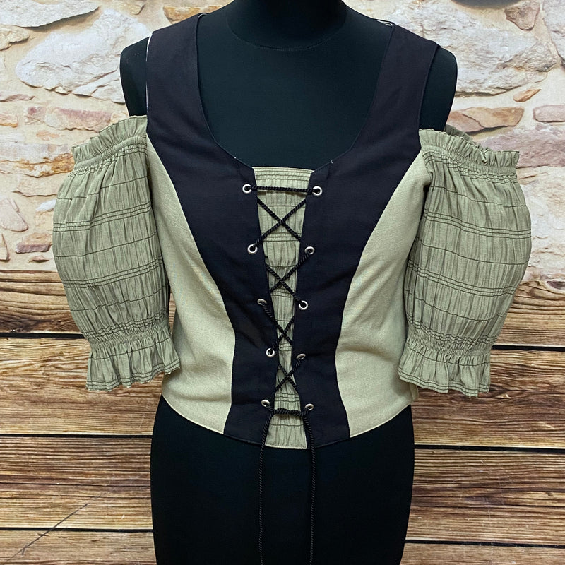 Trachtencoursage Gr.38 Trachtenmieder Landhausstil Carmenbluse in schwarz-beige