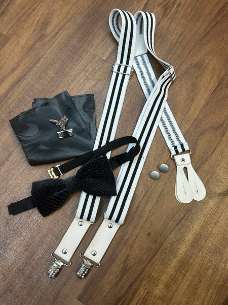 Vintage Hosenträger Set schwarz-weiß mit Fliege, Manschettenknöpfen und Einstecktuch – shop.gladrags.de