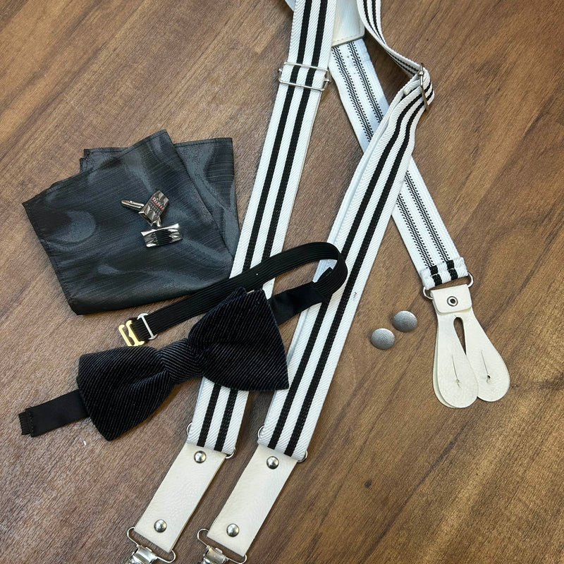Vintage Hosenträger Set schwarz-weiß mit Fliege, Manschettenknöpfen und Einstecktuch – shop.gladrags.de