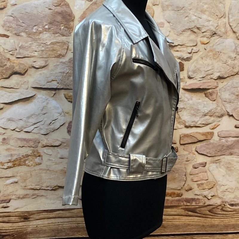 Vintage Lederjacke Damen Silber Metallic Gr.38 Reflex by Globetrotter