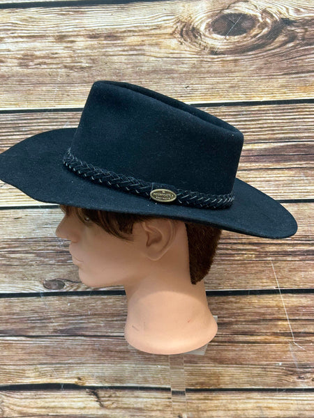 Schwarzer Statesman Hats Mountcastle, Größe 58, Seitenansicht mit geflochtenem Lederband.