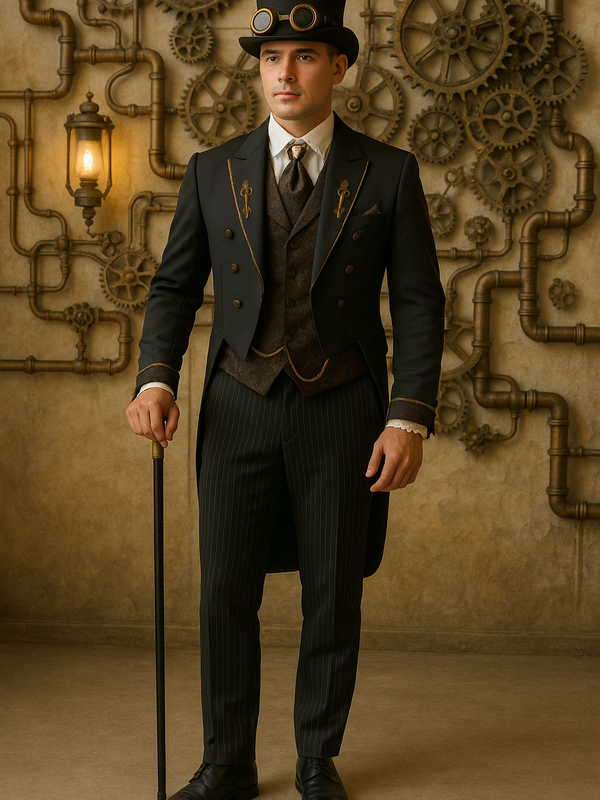 Steampunk-Bräutigamanzug mit einem schwarzen cutaway und brauner Weste im viktorianischen Stil 