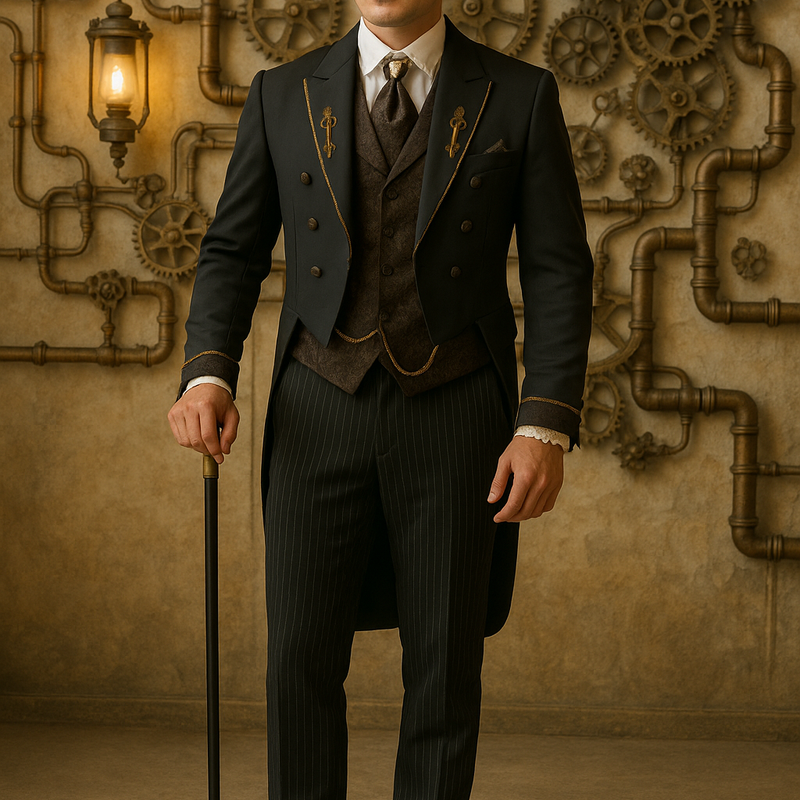 Steampunk-Bräutigamanzug mit einem schwarzen cutaway und brauner Weste im viktorianischen Stil 
