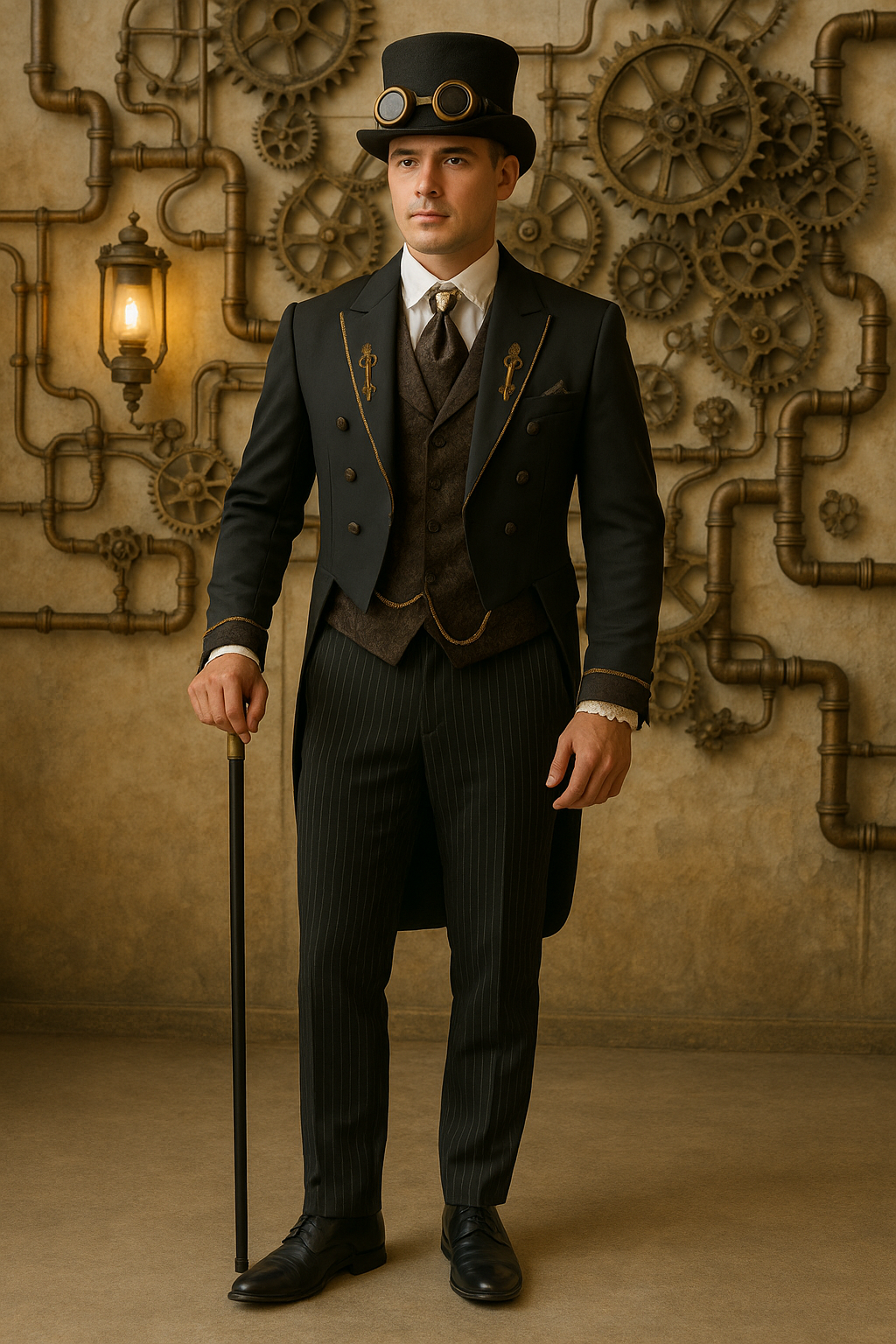 Steampunk-Bräutigamanzug mit einem schwarzen cutaway und brauner Weste im viktorianischen Stil 