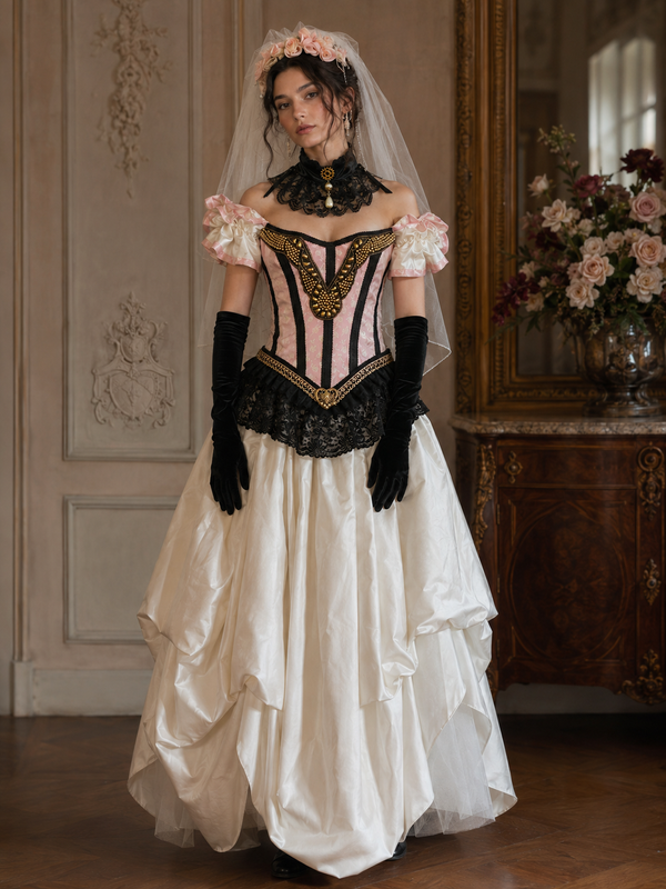 KI-generiertes Bild eines Steampunk Braut-Outfits mit rosa Corsage, schwarzer Halskrause, weißem Rock, Schleier und schwarzen Handschuhen in barocker Umgebung.