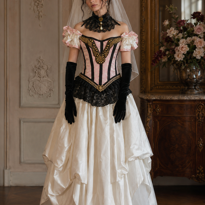 KI-generiertes Bild eines Steampunk Braut-Outfits mit rosa Corsage, schwarzer Halskrause, weißem Rock, Schleier und schwarzen Handschuhen in barocker Umgebung.