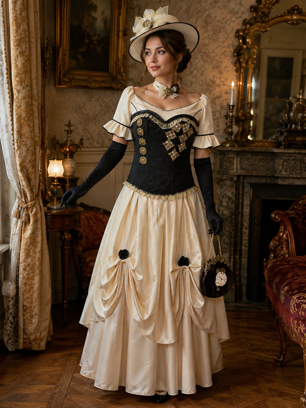 KI-generiertes Steampunk Brautkleid in Elfenbein und Schwarz mit Hut, Corsage, Handschuhen und viktorianischer Salonkulisse