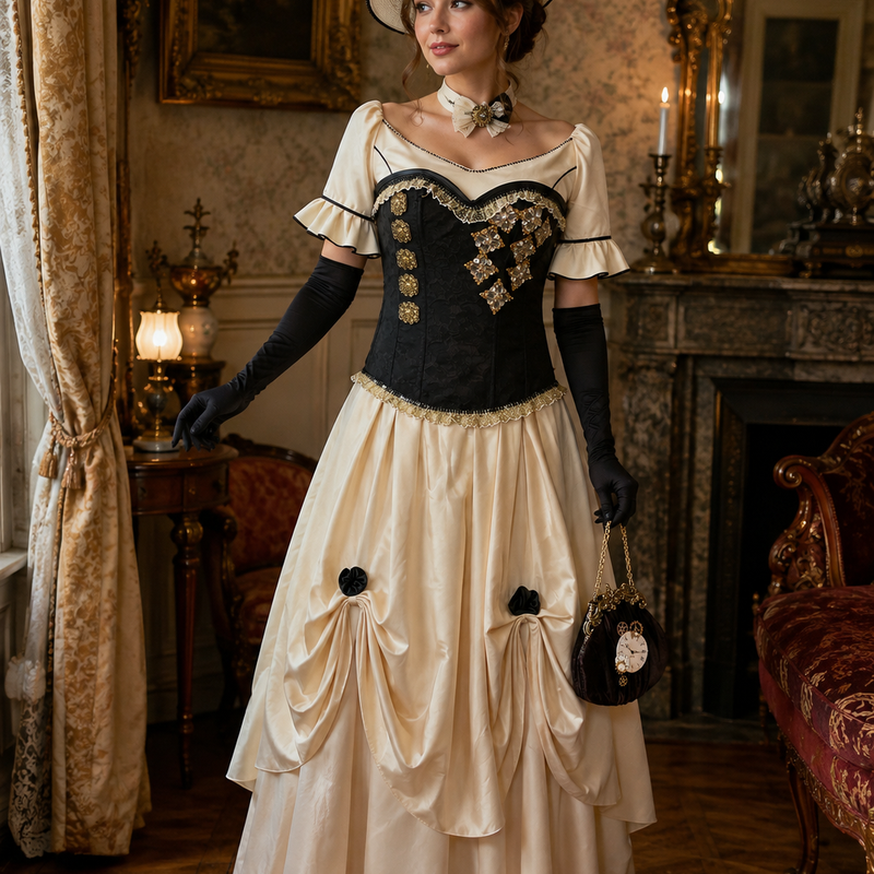 KI-generiertes Steampunk Brautkleid in Elfenbein und Schwarz mit Hut, Corsage, Handschuhen und viktorianischer Salonkulisse