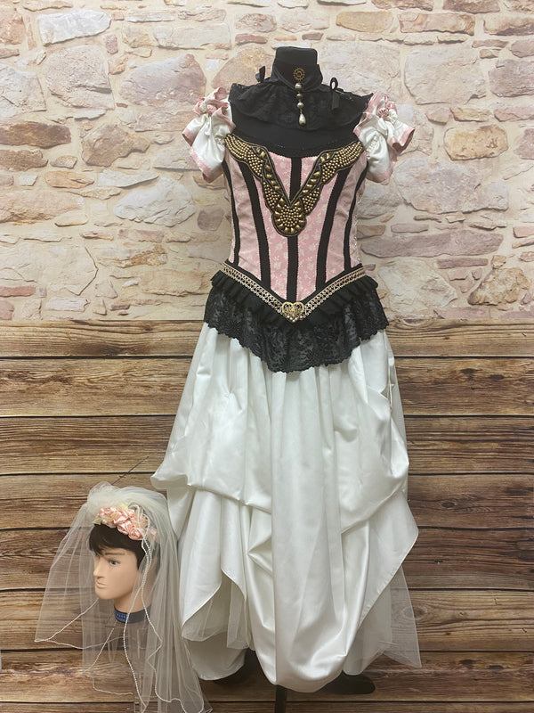 Steampunk Brautkleid Gr. 38 in Elfenbein Schwarz und Rosé mit Corsage Halskrause Handschuhen und Vintage Schleier
