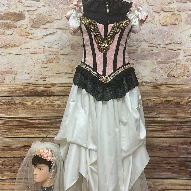 Steampunk Brautkleid Gr. 38 in Elfenbein Schwarz und Rosé mit Corsage Halskrause Handschuhen und Vintage Schleier