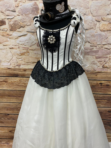 Vintage Steampunk Brautkleid in Elfenbein mit schwarzer Spitze und langer Schleppe, Größe 38, inklusive Handschuhen und Halsschmuck, ohne Zylinder