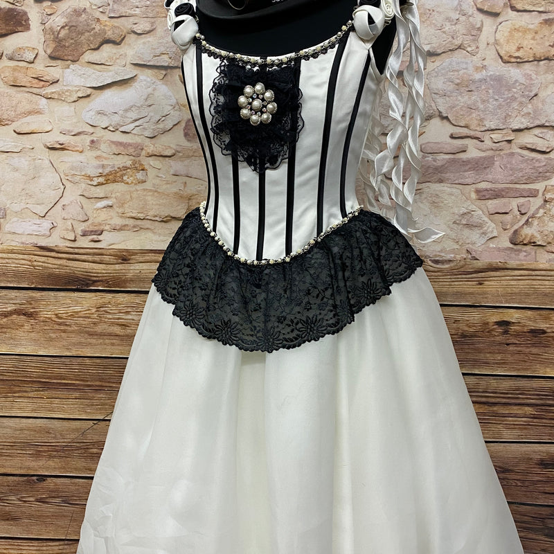 Vintage Steampunk Brautkleid in Elfenbein mit schwarzer Spitze und langer Schleppe, Größe 38, inklusive Handschuhen und Halsschmuck, ohne Zylinder