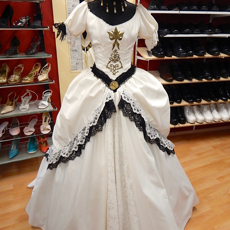 Steampunk Brautkleid Elfenbein mit schwarzer Spitze und Hut, Größe 34. Satinmischung, Reißverschluss hinten, inkl. Handschuhe & Samtbeutel. Sehr guter Zustand